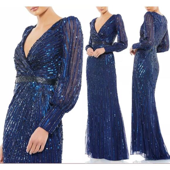 NEW Mac Duggal Navy Sequined Wrap Over Bishop Sleeve Gown Midnight sz 20 MD5501 - Picture 1 of 7